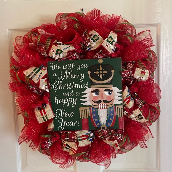 Other - 24” Nutcracker Christmas Handmade Mesh Wreath w/ Wooden Nutcracker Sign